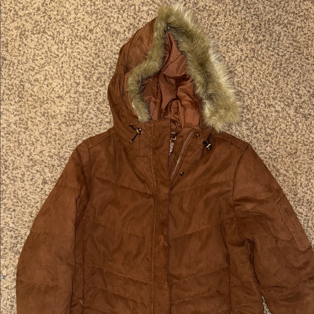 L.L. Bean Brown Puffer Jacket with Faux Fur Hood